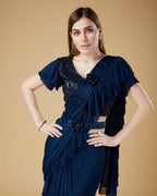 Blue Imported Crush Solid Ready to Wear Saree with stitched Blouse - Aayan | Grocsy