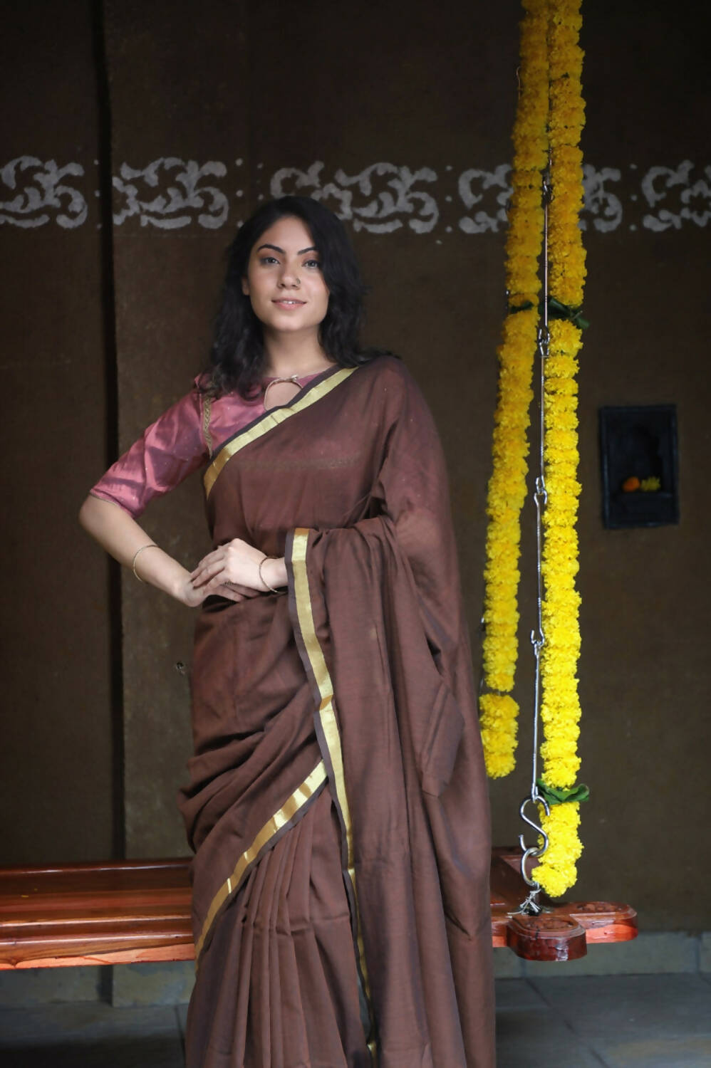 Very Much Indian Pure Cotton Handloom Saree With Intricate Borders - Brown | Grocsy