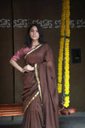 Very Much Indian Pure Cotton Handloom Saree With Intricate Borders - Brown | Grocsy
