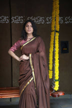 Very Much Indian Pure Cotton Handloom Saree With Intricate Borders - Brown | Grocsy