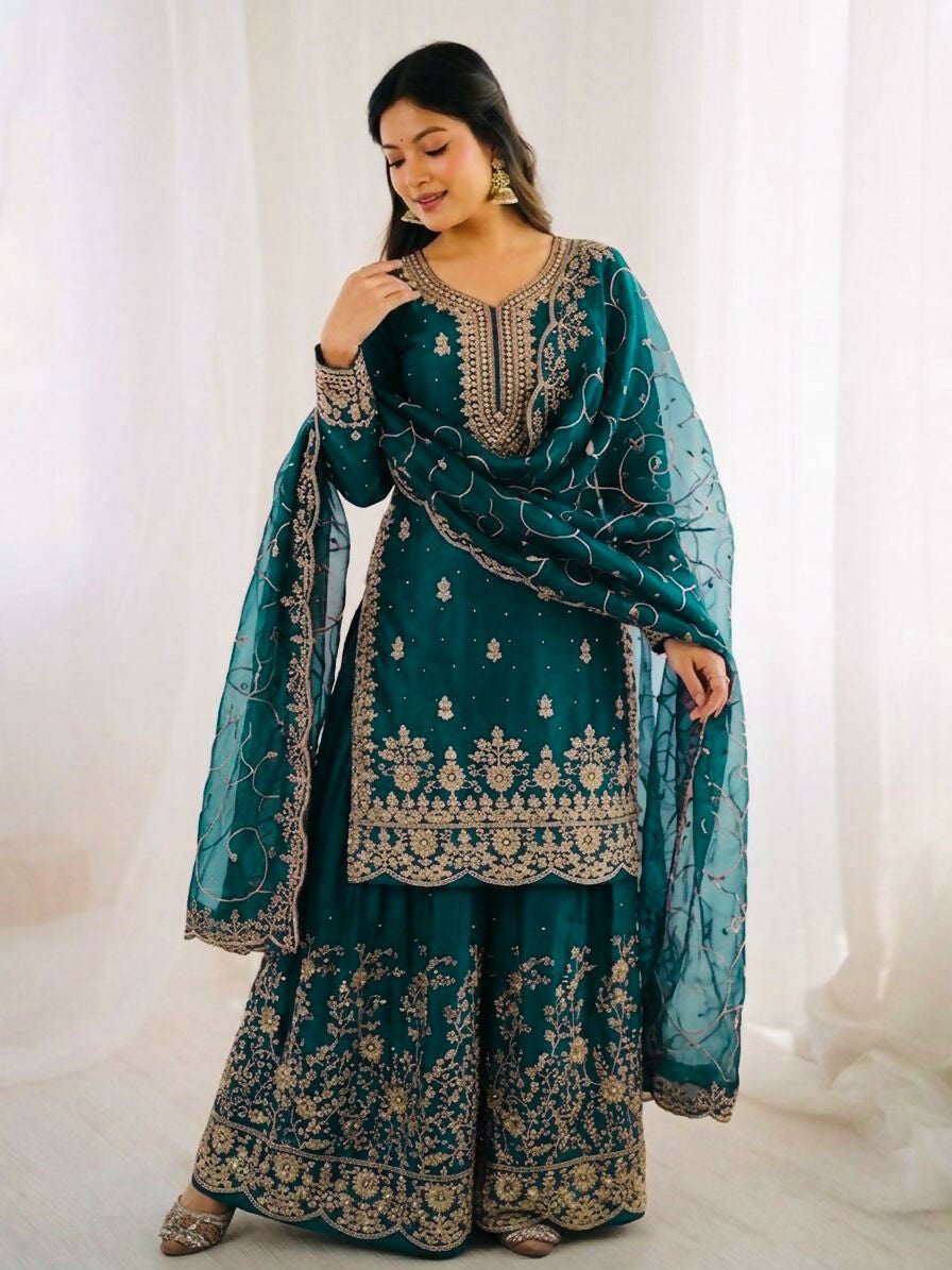 Teeya Creation Morpich Color Gymmi Silk Embroidery Work Wedding Wear Sharara Set | Grocsy