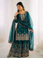 Teeya Creation Morpich Color Gymmi Silk Embroidery Work Wedding Wear Sharara Set | Grocsy