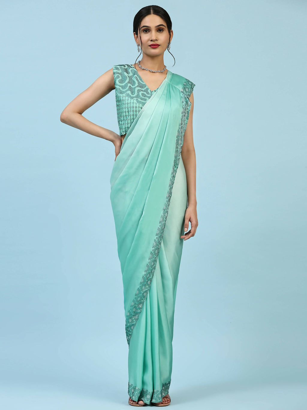 Sea Green Ombre Satin Georgette Plain Ready to wear Saree with stitched Blouse - Vrinda | Grocsy