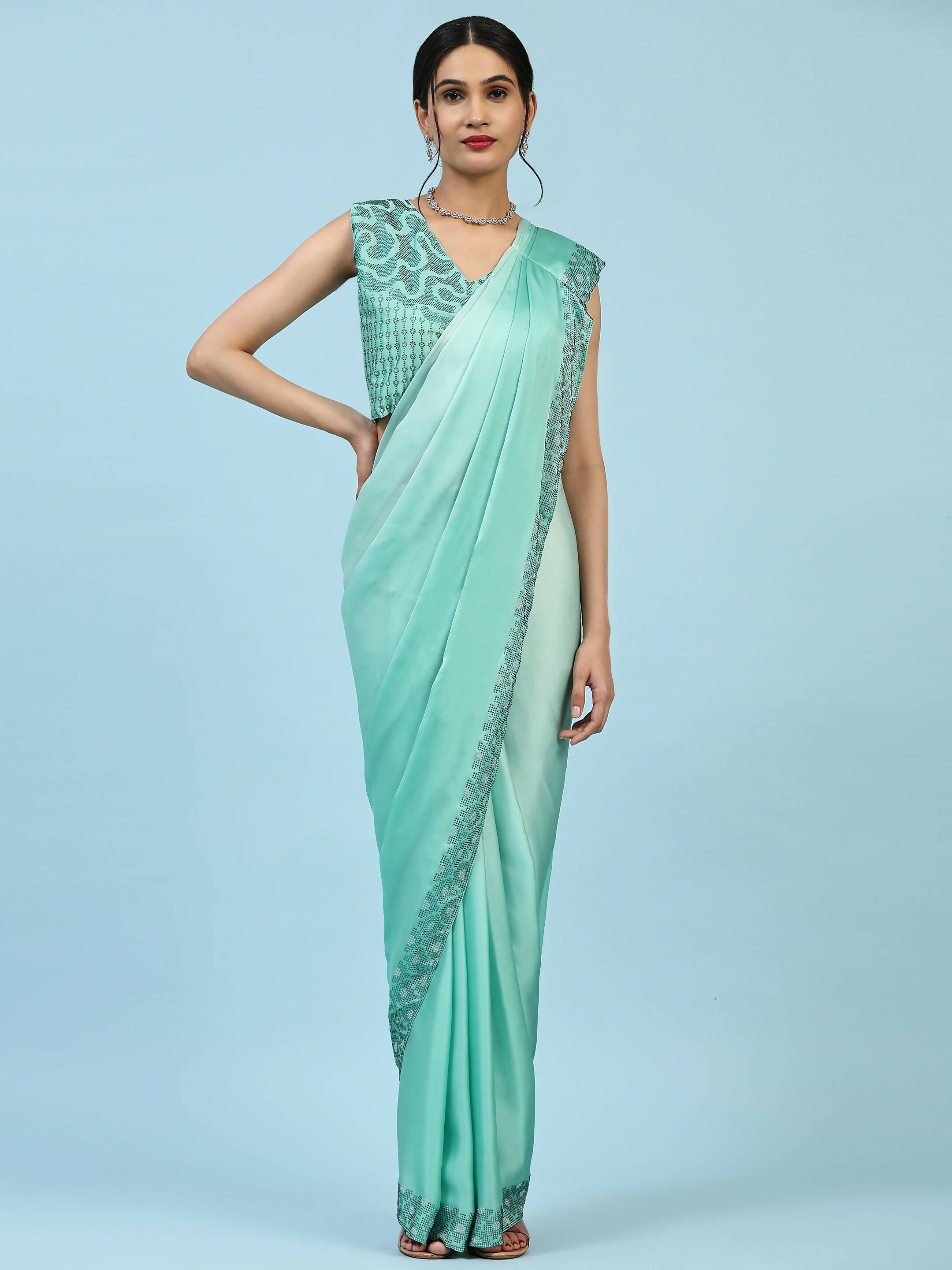 Sea Green Ombre Satin Georgette Plain Ready to wear Saree with stitched Blouse - Vrinda | Grocsy
