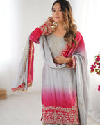 The52 Women's Beautiful Chinon silk Fabric Embroidery Work Straight Kurta Palazzo and Dupatta Set | Grocsy