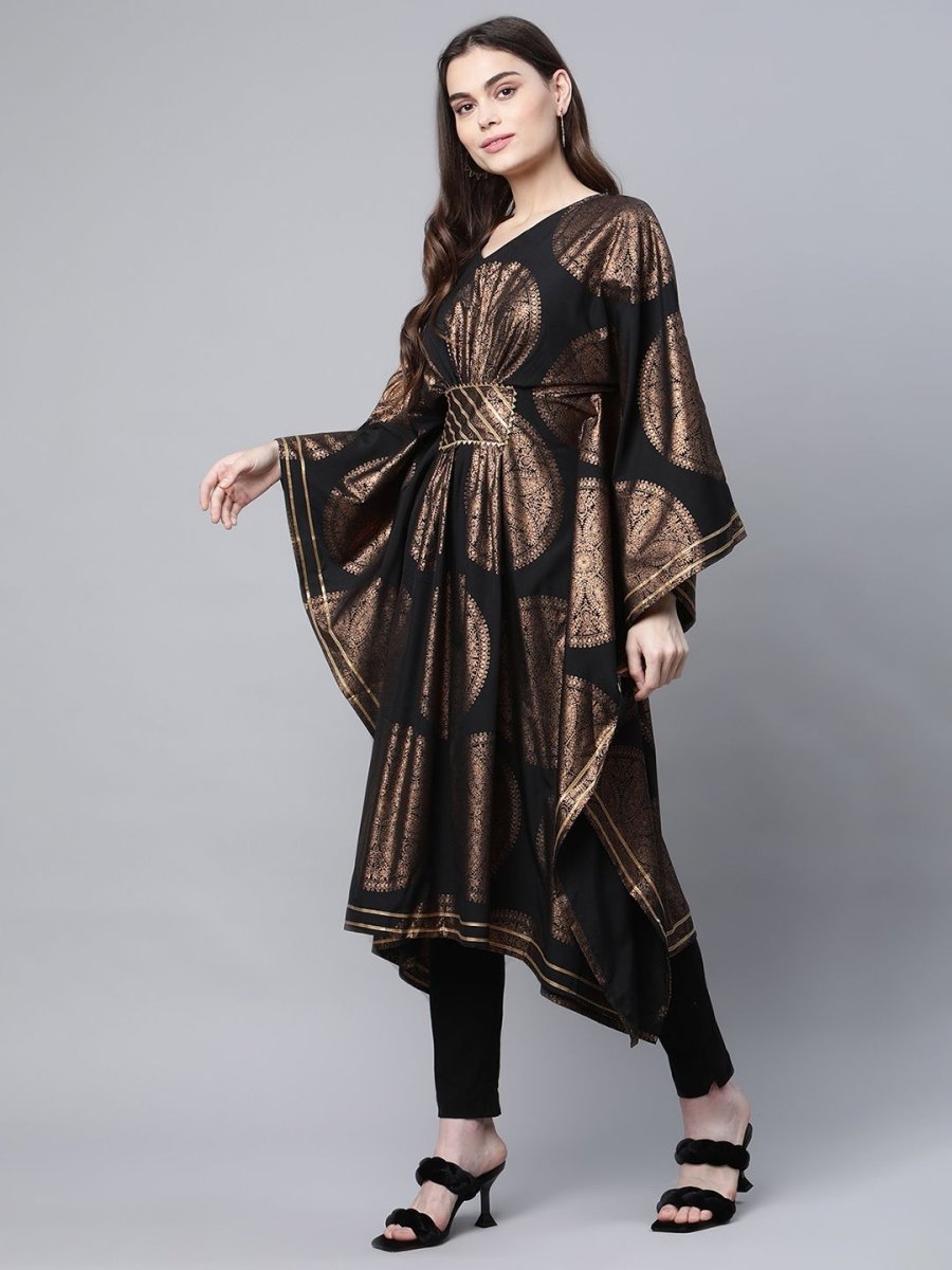 Ahalyaa Women Black Crepe Copper Foil Printed Flared Sleeve Kaftan Kurta | Grocsy