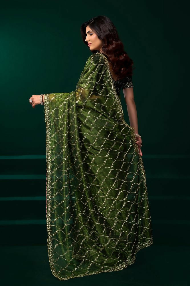 Joban Fashion Green Net Party Wear Sarees | Grocsy