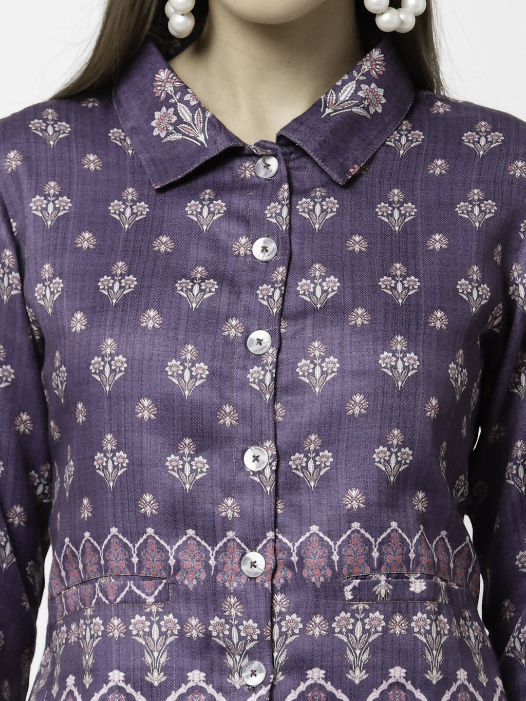 Myshka Women Purple Cotton Blend Printed Full Sleeve Shirt Collar Casual Jacket | Grocsy