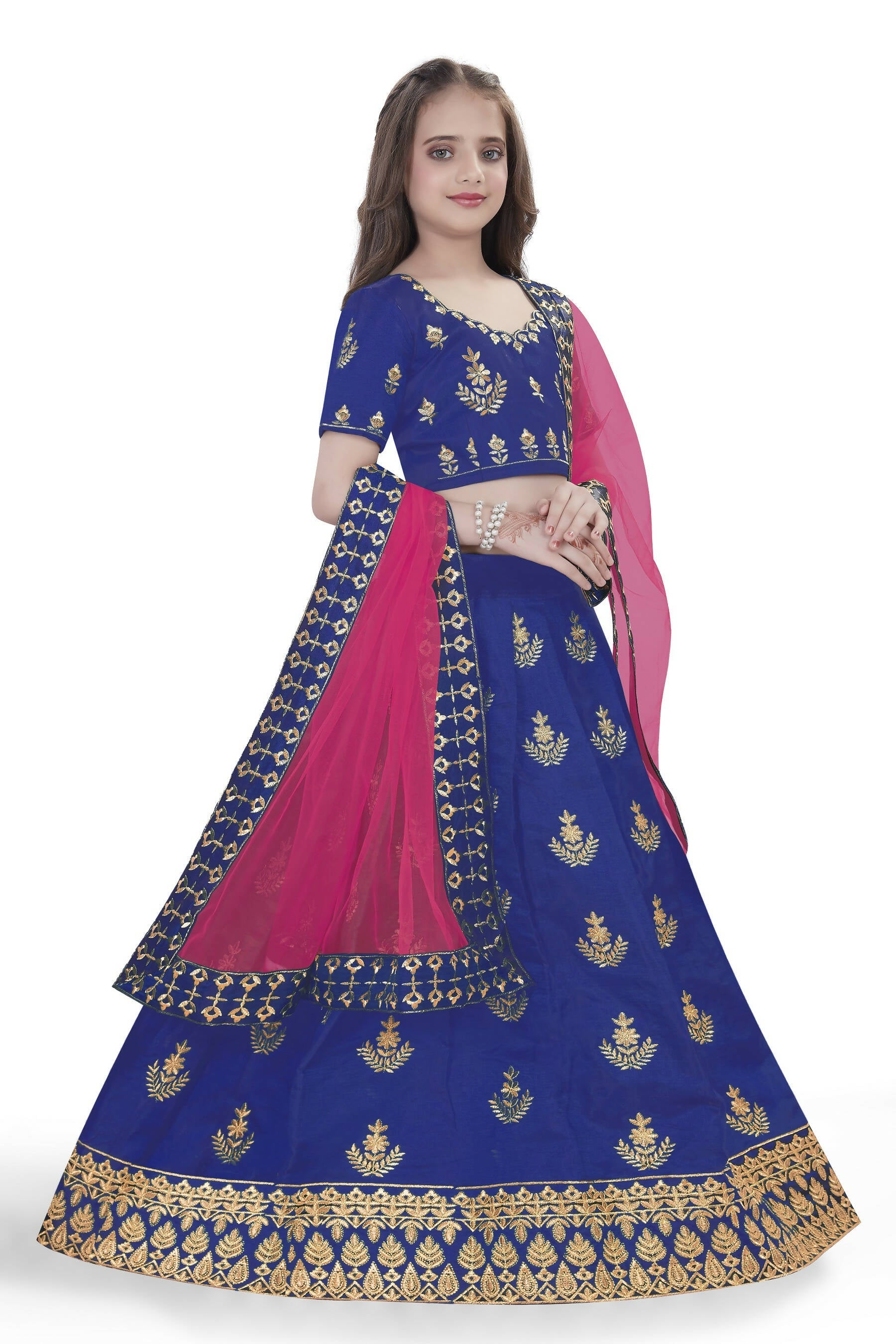Dwiden Royal Blue Kamal Tafetta Sattin Semi-Stitched Girl's Lehenga Choli | Grocsy