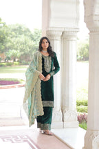 Vastranavya Green Velvet With Rich Sequins & Zari Embroidered Work Top-Bottom With Dupatta | Grocsy