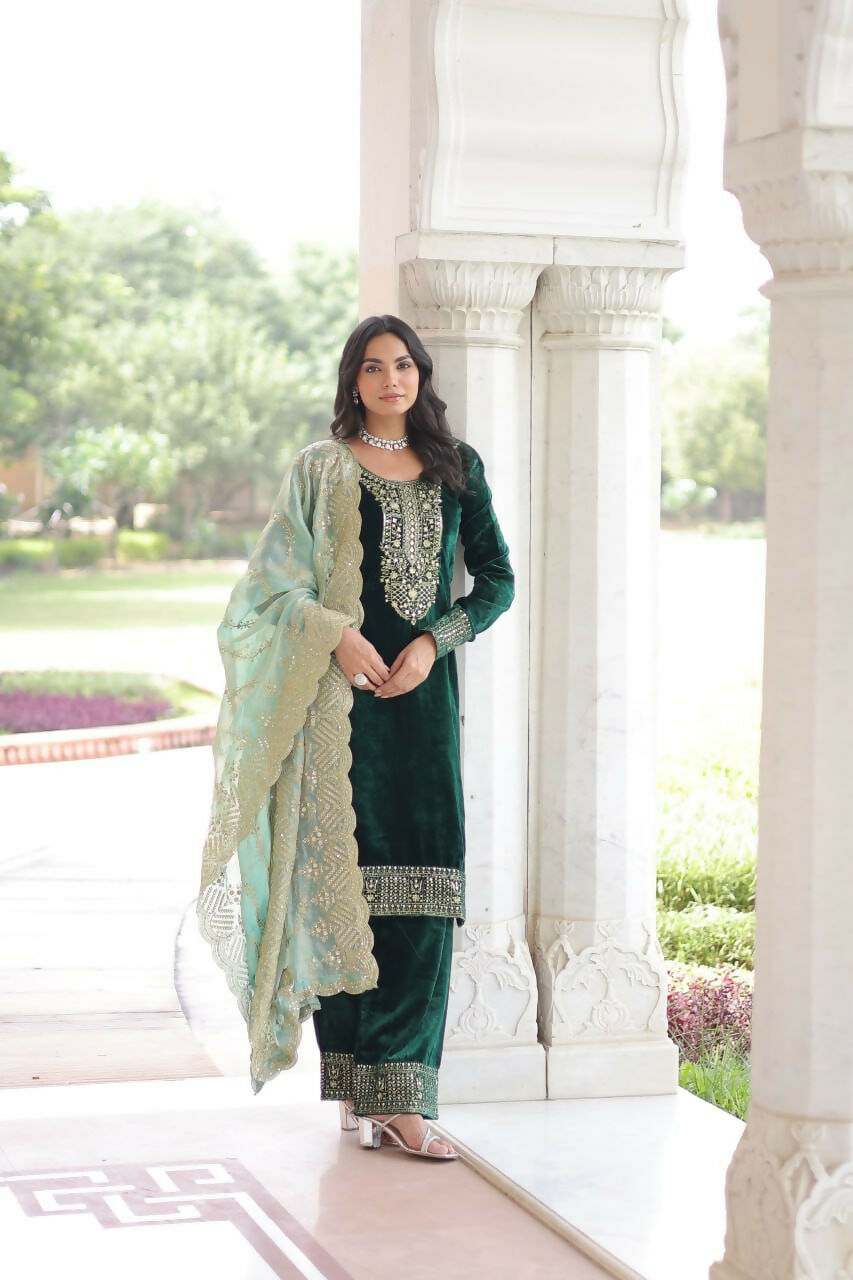 Vastranavya Green Velvet With Rich Sequins & Zari Embroidered Work Top-Bottom With Dupatta | Grocsy