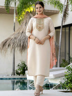 The52 Women's Beautiful Rayon Fabric Embroidery Work Straight Kurta Pant and Dupatta Set | Grocsy