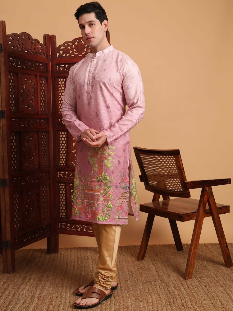 Pink Cotton Printed Chikankari Embroidery Work Kurta - Mahotsav | Grocsy