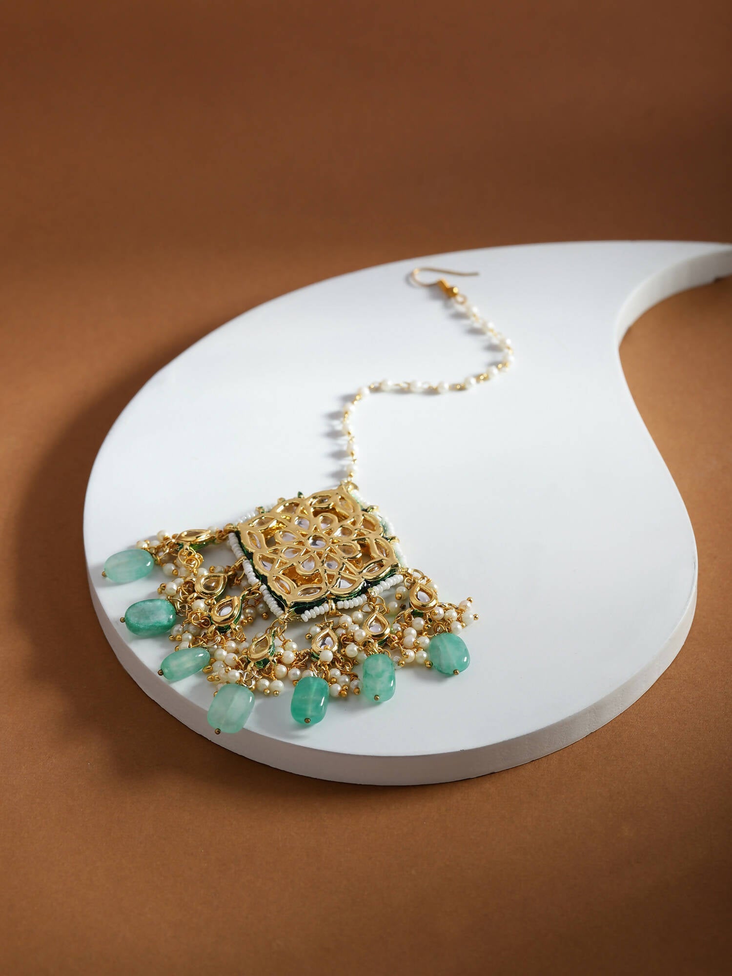 White Blue Gold-Polished Kundan-Studded Beaded Maang Tikka - Ruby Raang | Grocsy