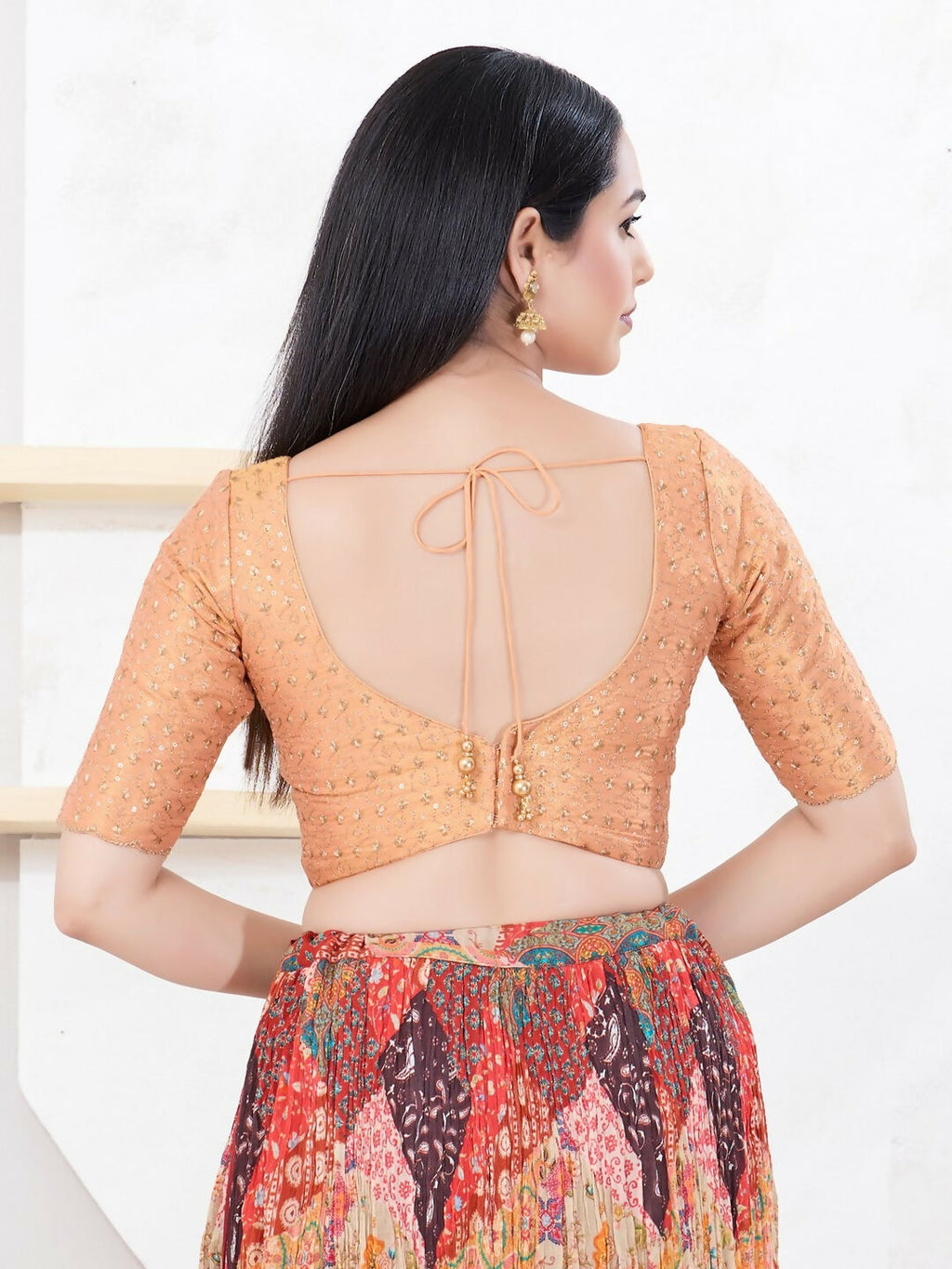 Joban Fashion Rose-Gold Tissue Elbow Sleeveless Back Open Blouse | Grocsy