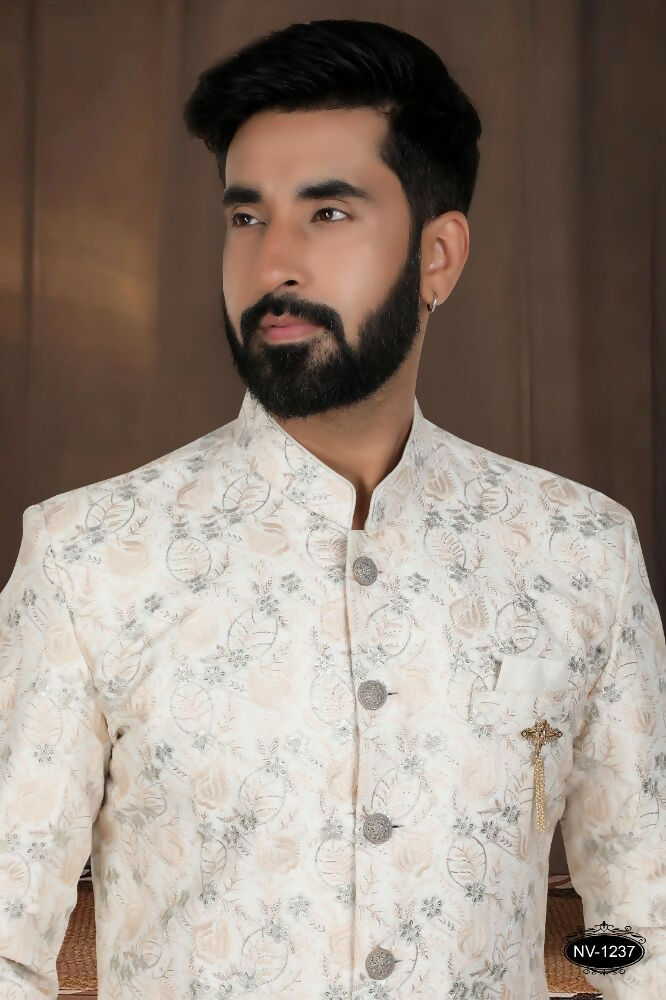 Joban Fashion Men's Off-White Base Silk Kurta with Pyjama | Grocsy