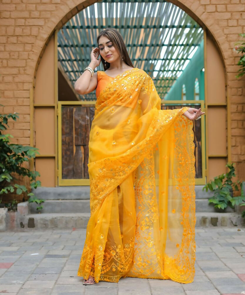 Vamsee Kiki Yellow Organza Saree | Grocsy