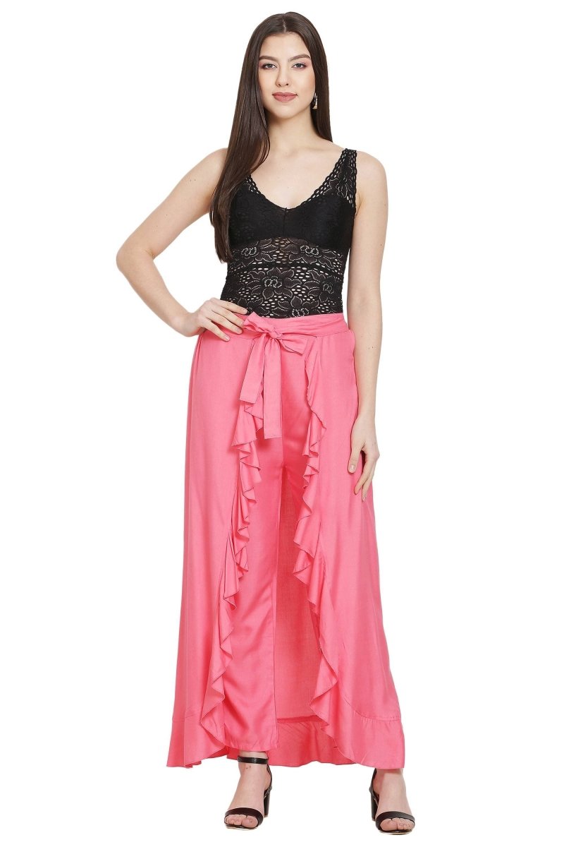 Asmaani Peach Color Plain Ruffle Palazzo | Grocsy