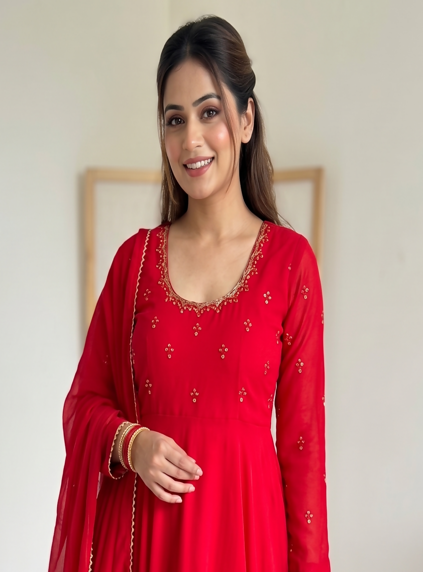 Teeya Creation New Trendy Party Wear Look Gerorrget Gown With Pant Dupatta Set - Red | Grocsy