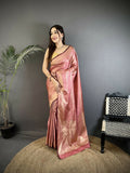 Joban Fashion Dusty Pink Floral Motifs & Ethnic Design Soft Satin Silk Kanchipuram Saree | Grocsy