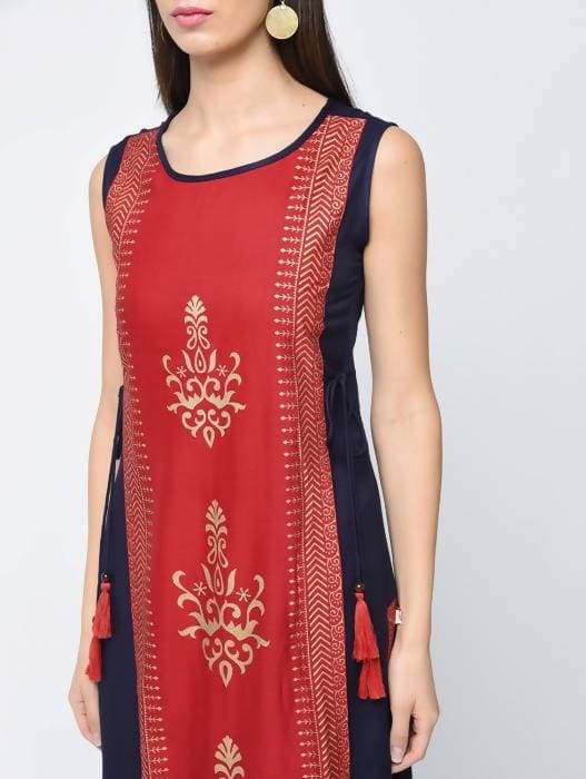 Aniyah Rayon Block Printed Layered Kurta In Red (AN-120K) | Grocsy