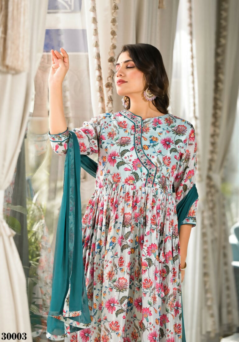 Designer Stylish Mid Night Blue Rubi Silk Stitched Suit With Dupatta - Kiyara | Grocsy