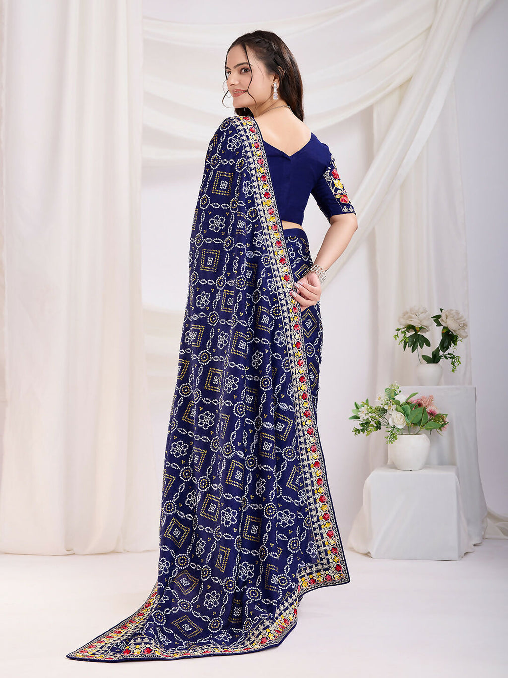 Blue Vichitra Silk Bandhani Printed, Embroidery Work Saree - Ditya | Grocsy