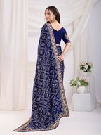 Blue Vichitra Silk Bandhani Printed, Embroidery Work Saree - Ditya | Grocsy