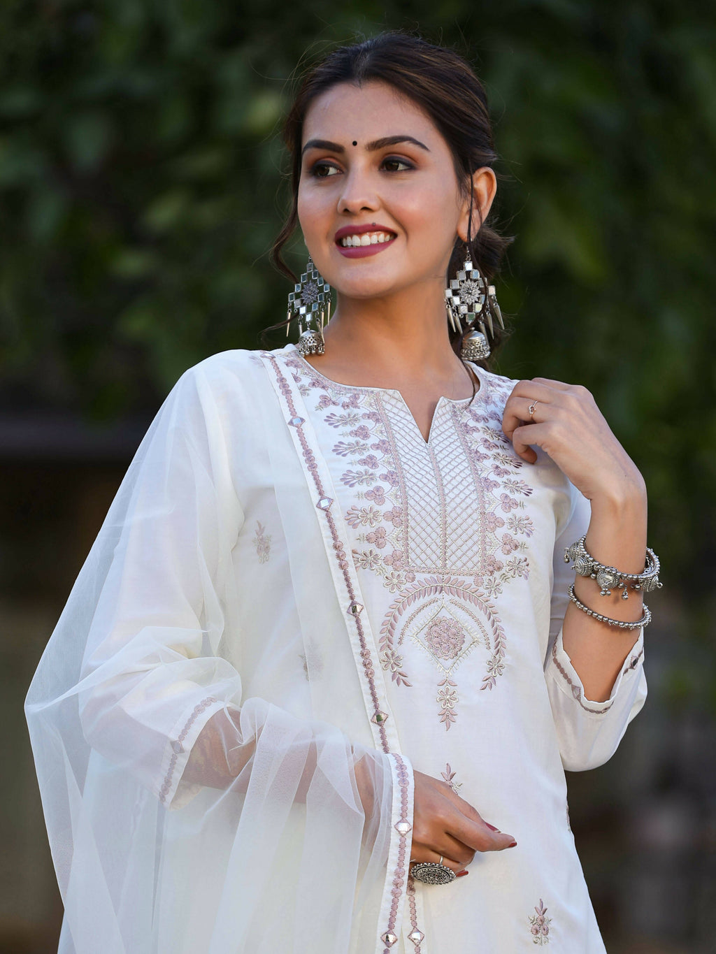 Juniper Women's Off-White Chinnon Embroidered Kurta Pant Dupatta Set | Grocsy
