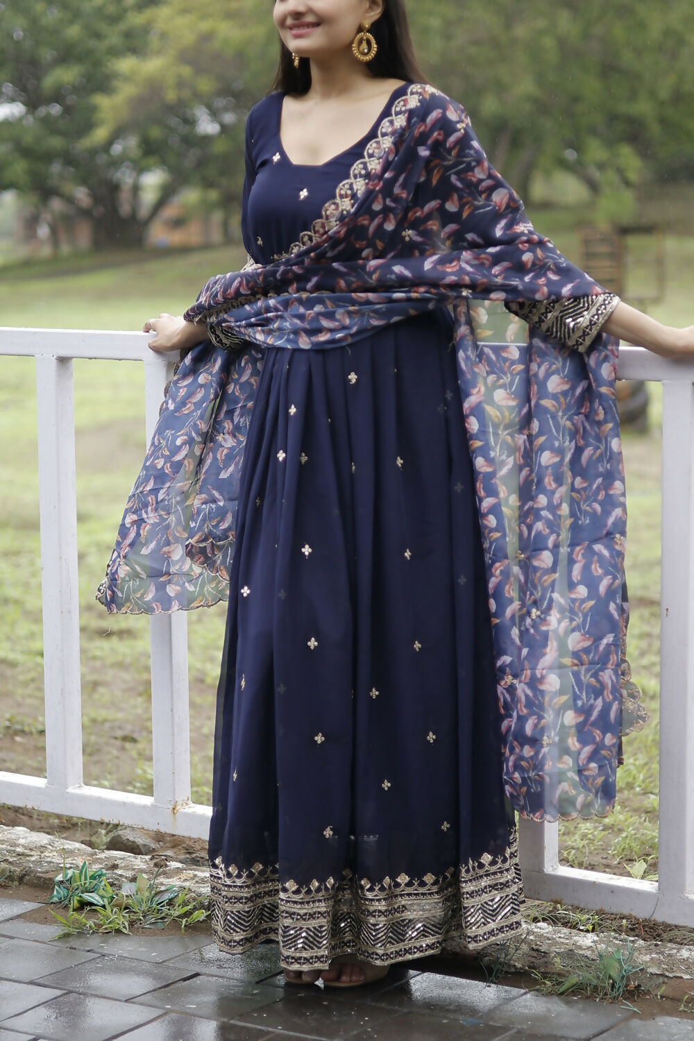 Aayaa Designer Embroidery Zari Sequins-Work Faux Blooming Georgette Suit - Navy Blue | Grocsy