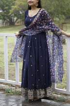 Aayaa Designer Embroidery Zari Sequins-Work Faux Blooming Georgette Suit - Navy Blue | Grocsy