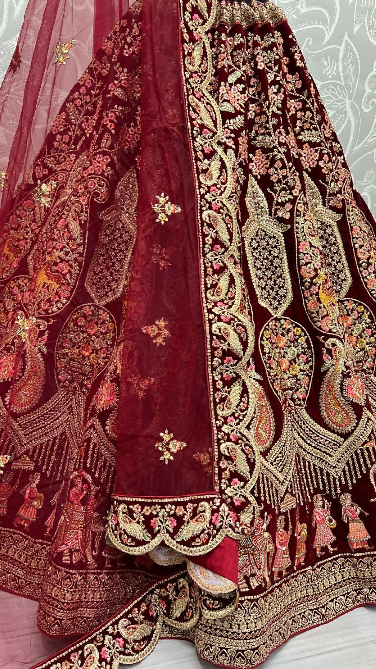 Jyoti Fashion Women's Maroon Velvet Multi Thread Embroidered with Zircon Diamond Work Wedding Lehenga Choli | Grocsy