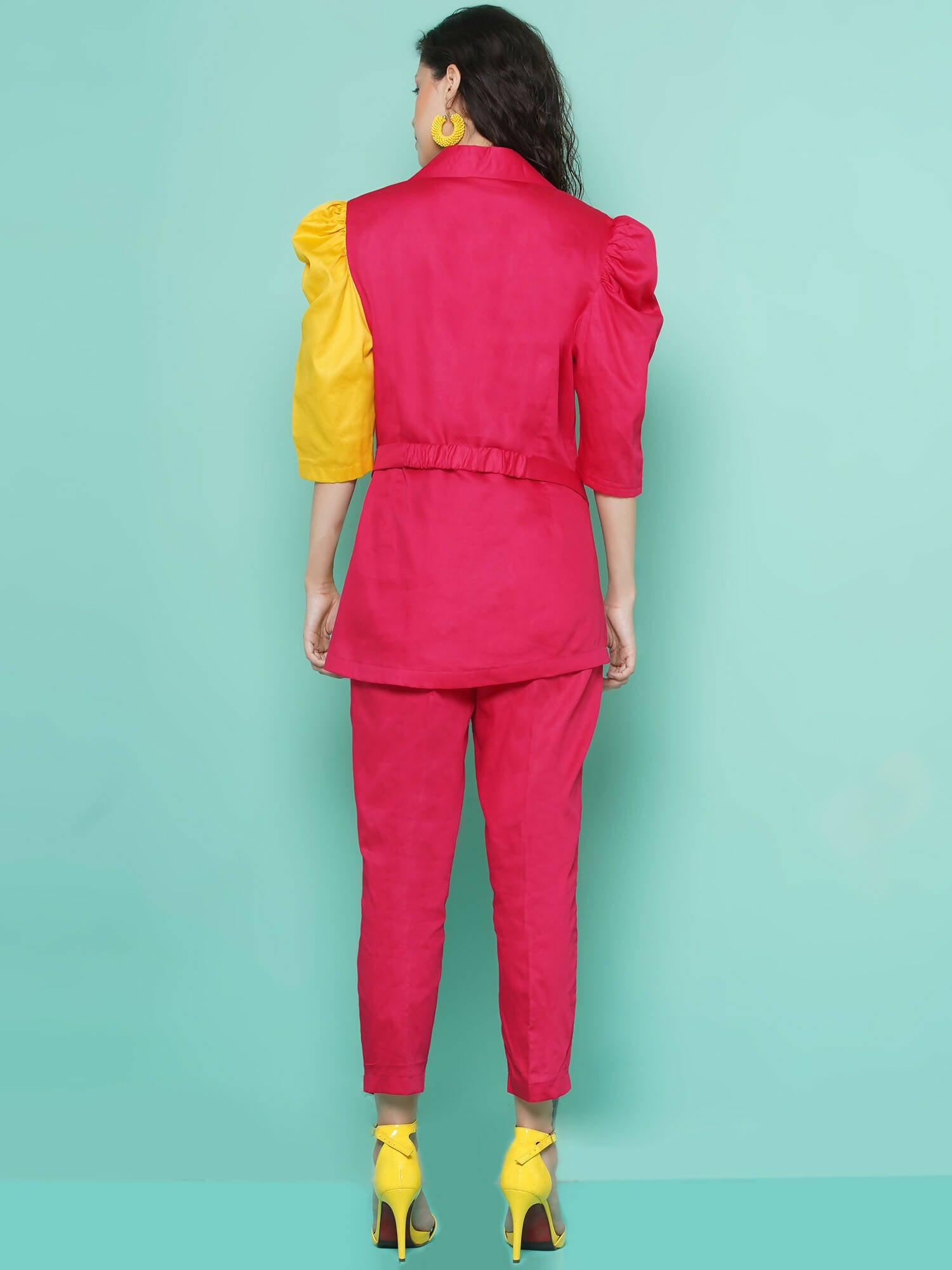 Women Republic Pink And Yellow Cotton Silk hand Embellished Coord set with Pouch | Grocsy