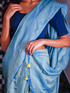 Zibaa Hand-Dyed Mul Cotton Teal Blue Saree with Tassels | Grocsy