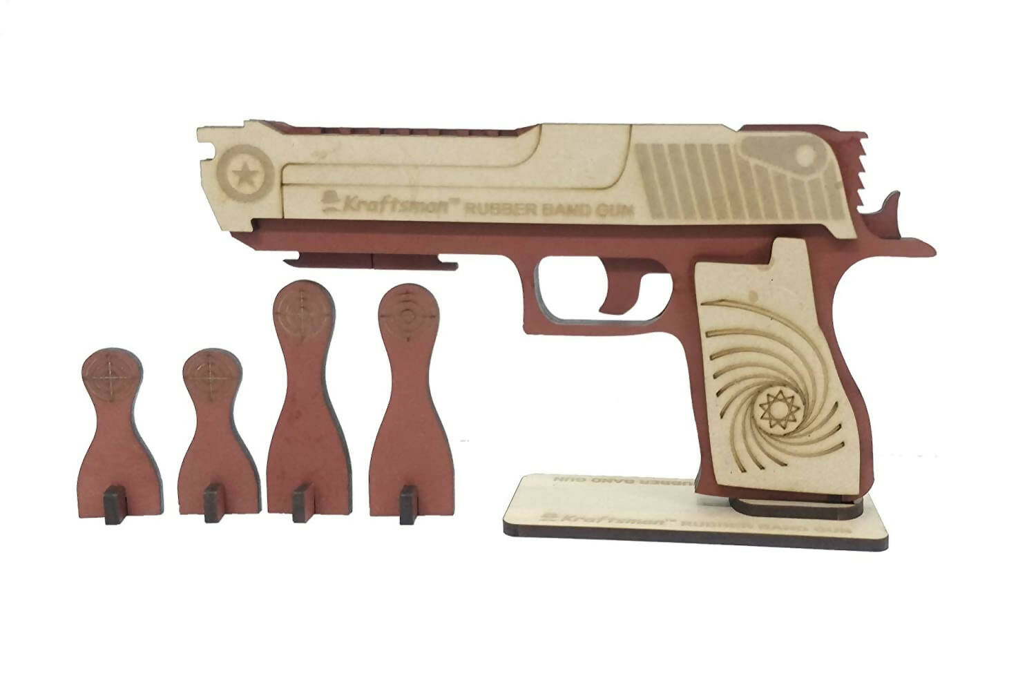 Kraftsman Semi-Automatic Wooden Rubber Band Shooting Gun Toys for Kids & Adults with Target | 5 Rapid Fire Shots | Grocsy