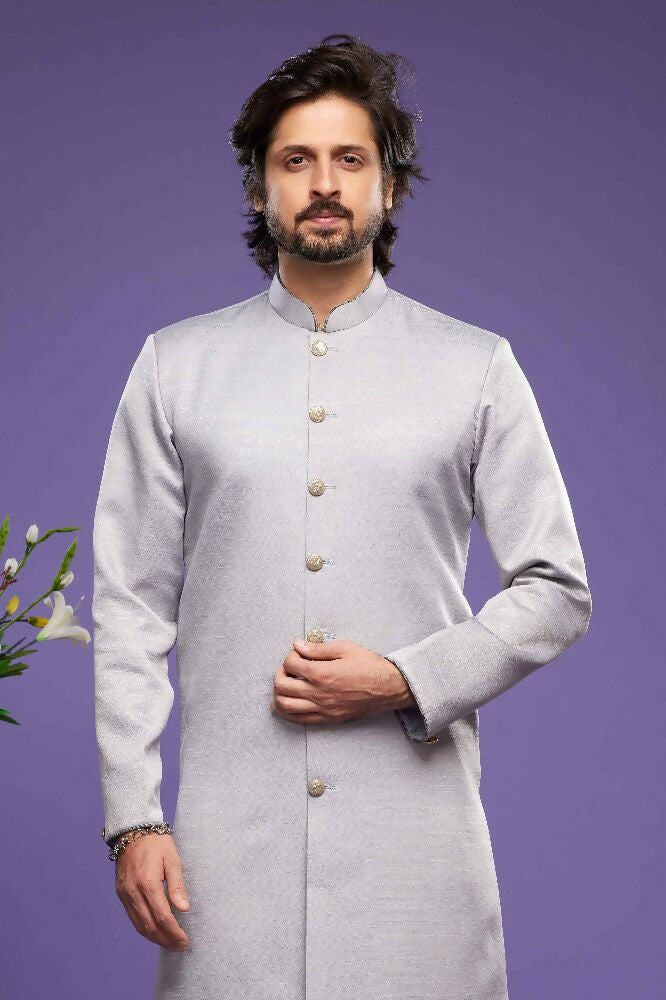 Raivat Ethnic Art Banarasi Silk Thread Work Kurta Pajama In Grey Colour | Grocsy