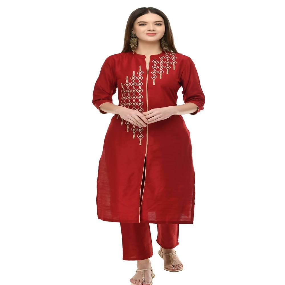 Lagi Women's Maroon Poly silk Straight Embroidred Kurta Pant (RO115A) | Grocsy