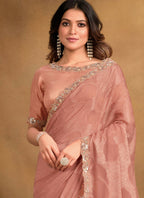 Peach Self Jacquard Georgette Designer Saree with Unstitched Blouse - Norita Mahitha | Grocsy