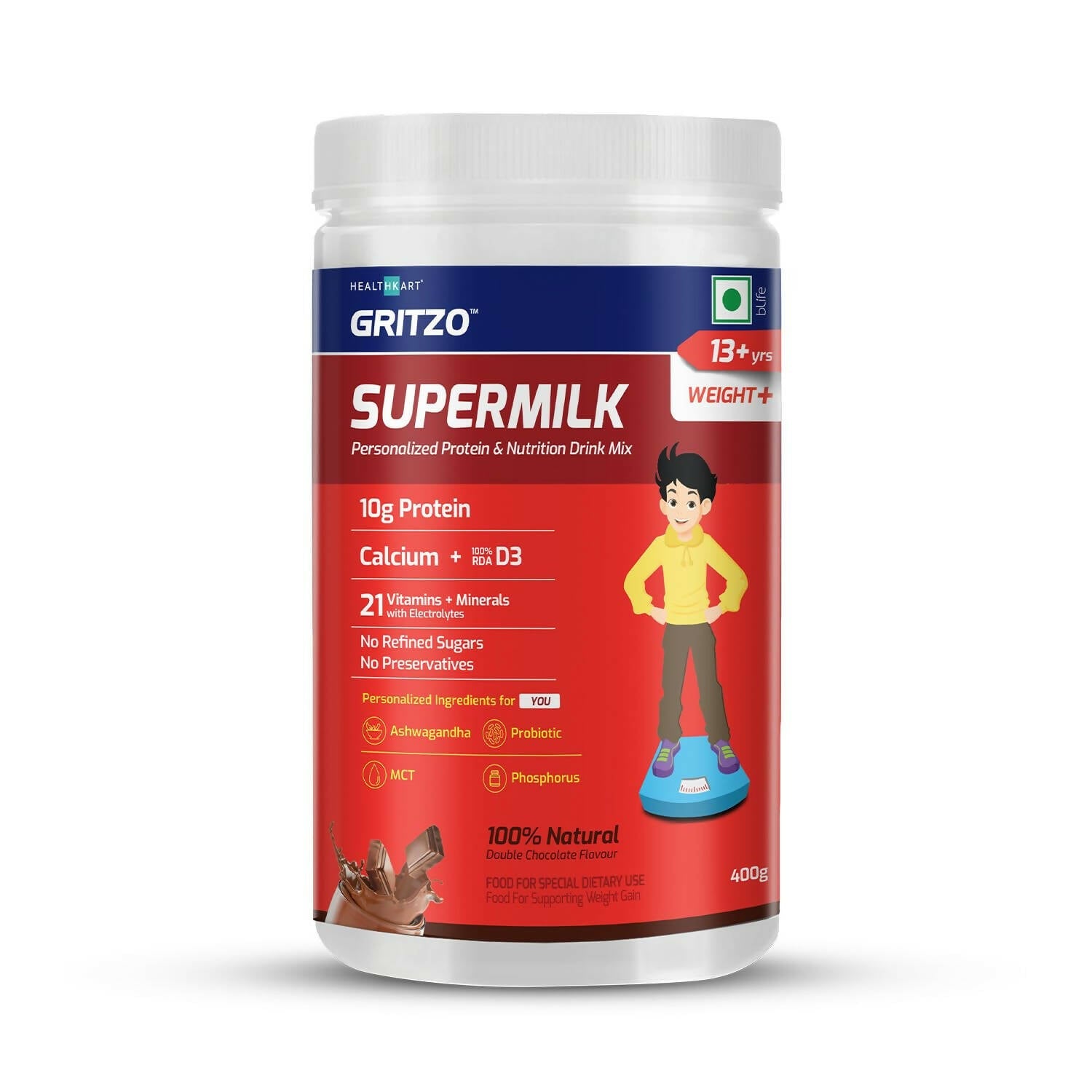 Gritzo Supermilk Weight+ Health Drink For 13+Y Boys - Double Chocolate | Grocsy