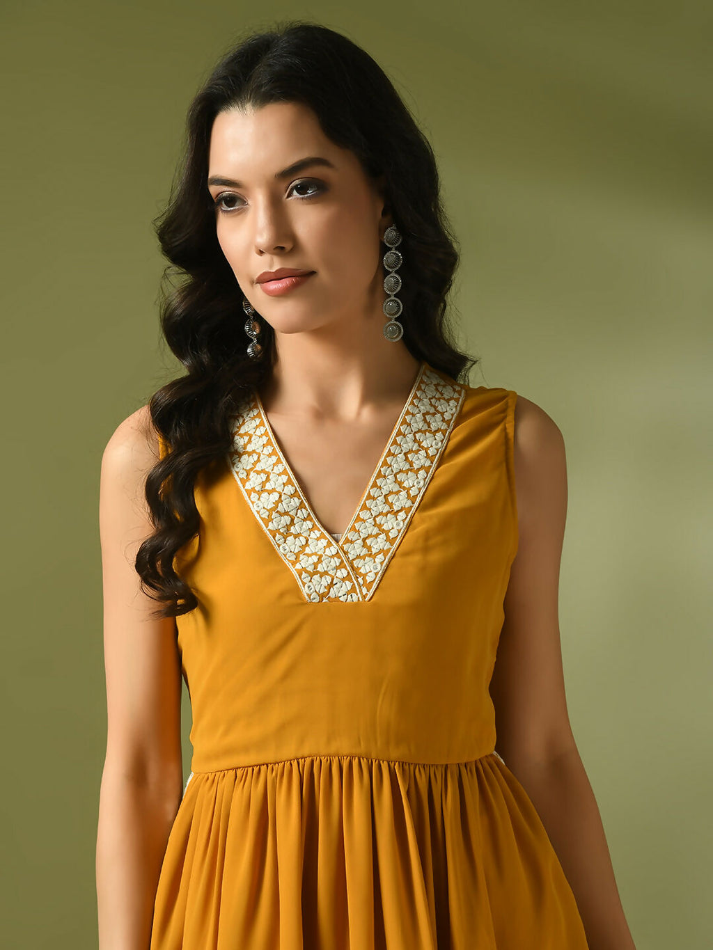 Myshka Women's Yellow Solid Georgette Anarkali Party Kurta Set | Grocsy