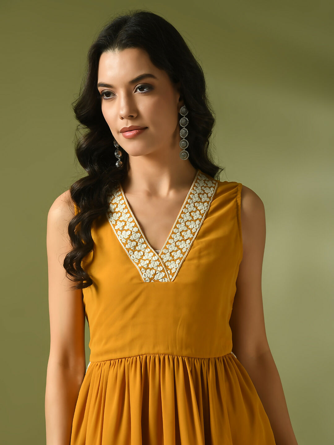 Myshka Women's Yellow Solid Georgette Anarkali Party Kurta Set | Grocsy
