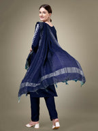 Jyoti Fashion Women's Navy Blue Cotton Blend Embroidery & Sequence work Kurta with Trouser & Dupatta | Grocsy