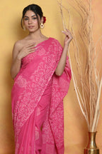 Very Much Indian Handblock Printed Cotton Saree With Natural Dyes - Pink | Grocsy