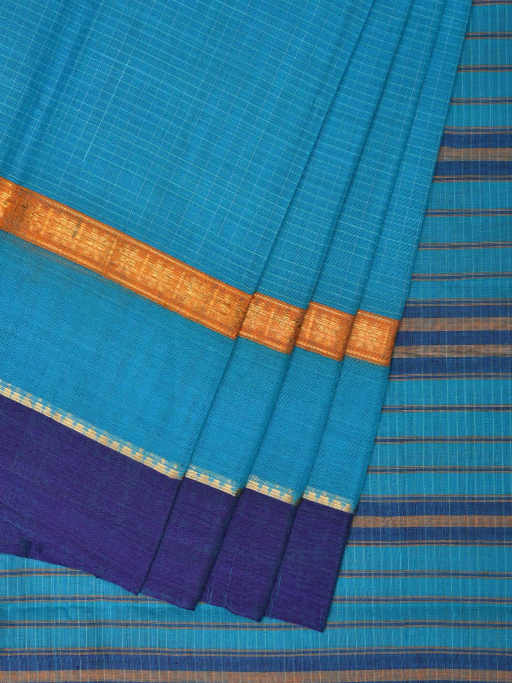Light Blue Narayanpet Cotton Handloom Saree with Checks Design No Blouse - Global Threads | Grocsy