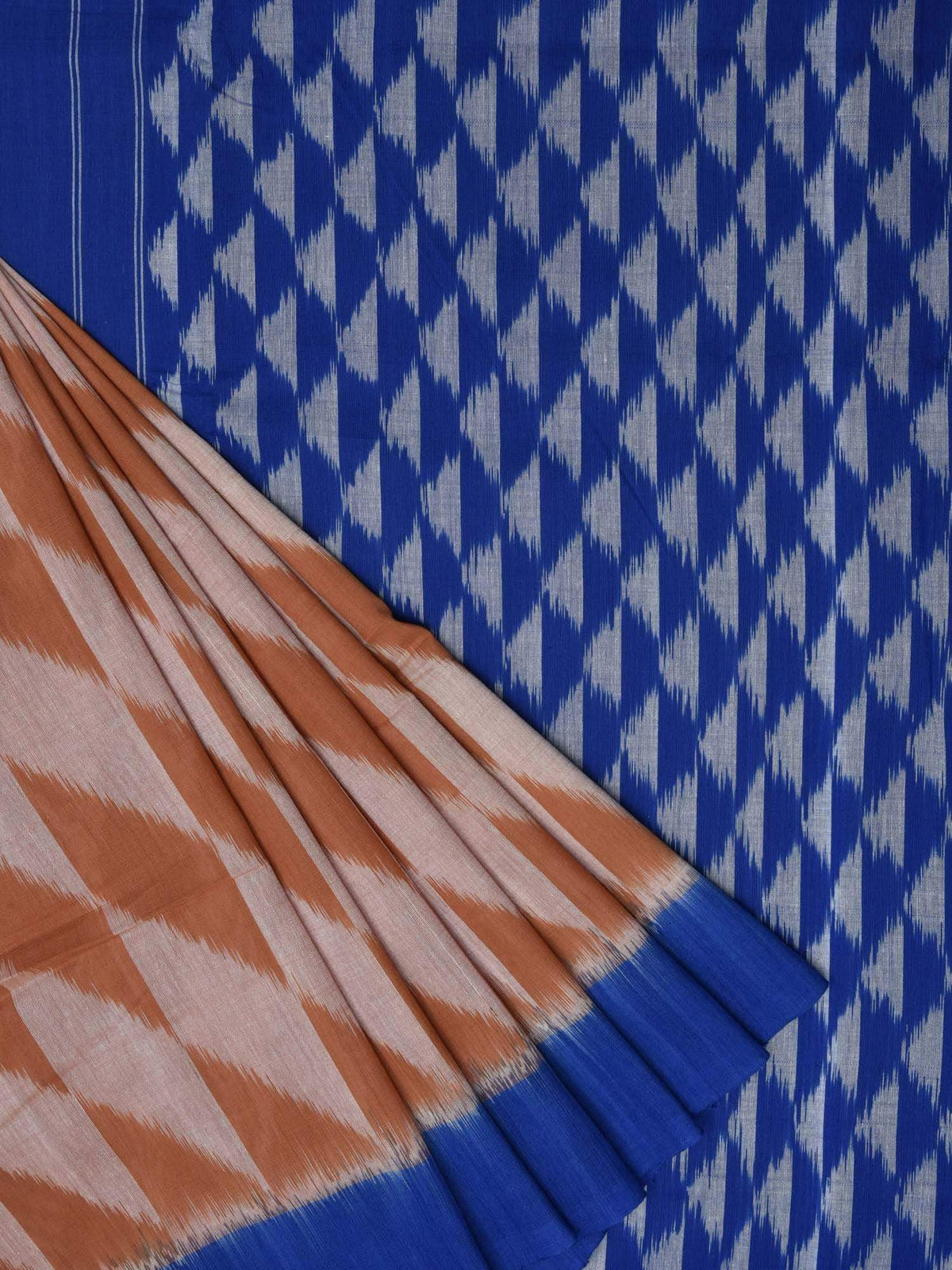 Light Brown and Blue Pochampally Ikat Cotton Handloom Saree with Triangle Pallu Design - Global Threads | Grocsy