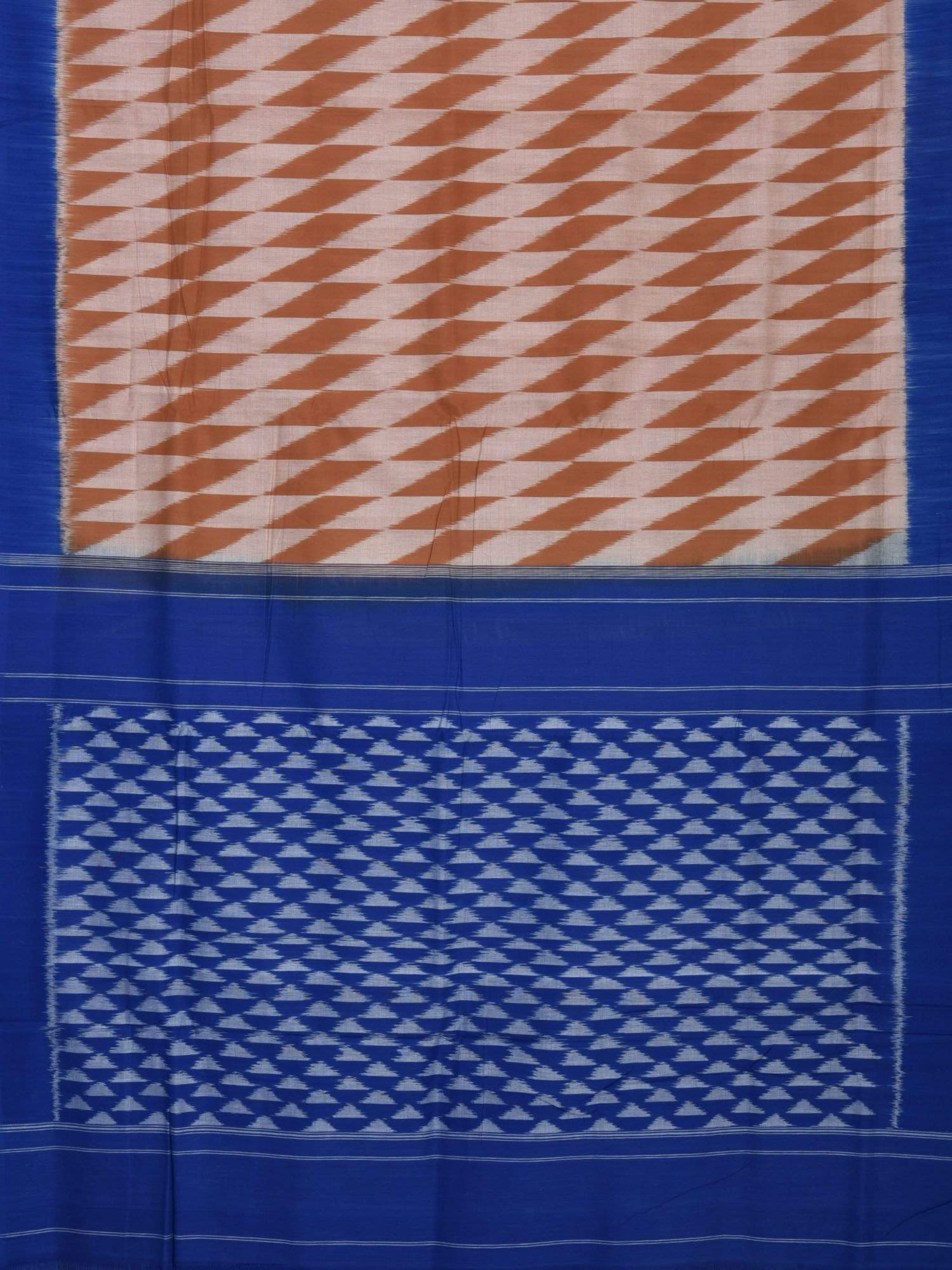 Light Brown and Blue Pochampally Ikat Cotton Handloom Saree with Triangle Pallu Design - Global Threads | Grocsy