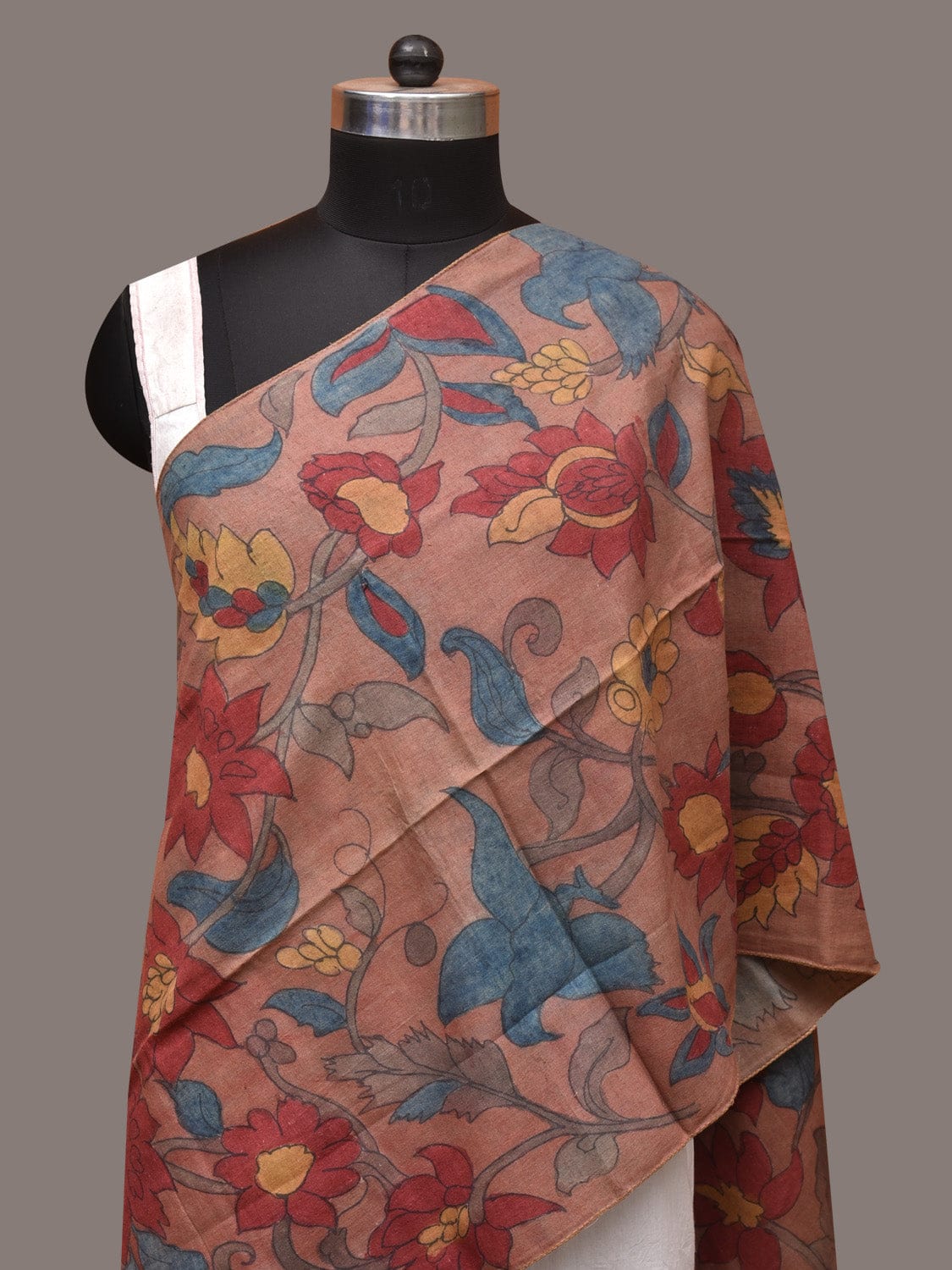 Light Brown Kalamkari Hand Painted Sico Stole with Floral Design - Global Threads | Grocsy
