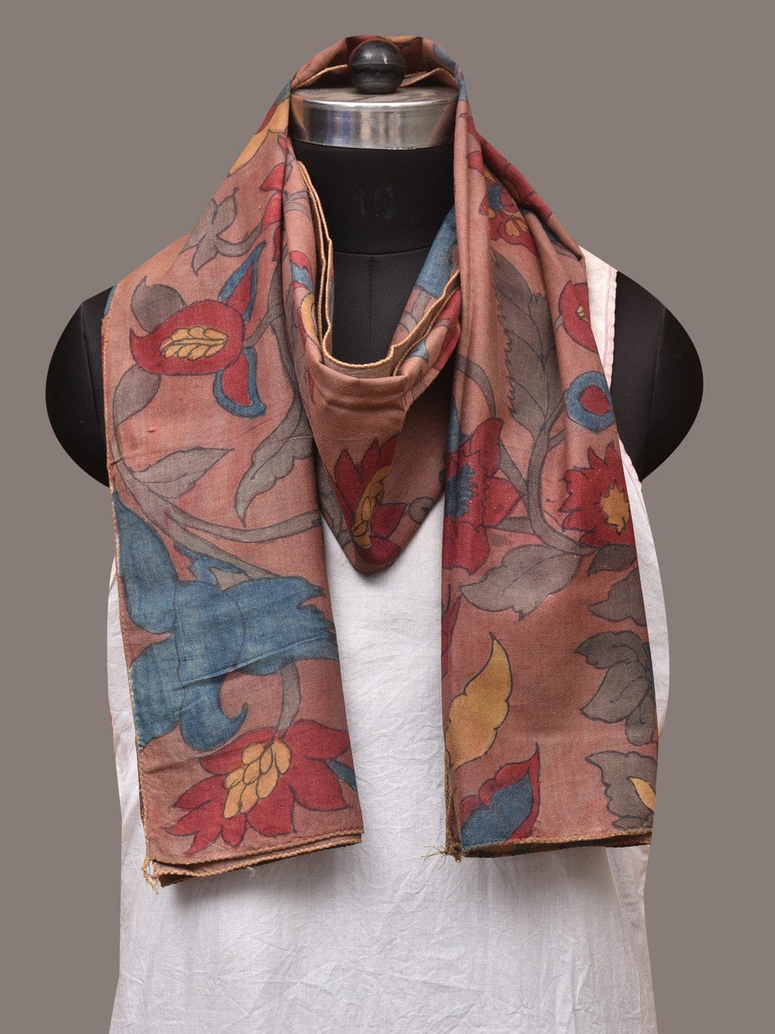 Light Brown Kalamkari Hand Painted Sico Stole with Floral Design - Global Threads | Grocsy