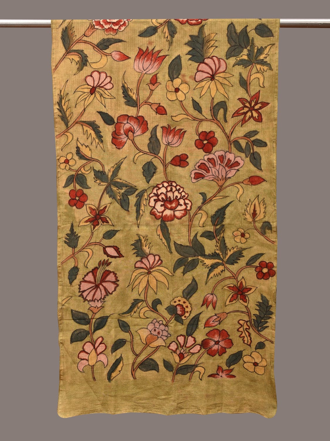 Light Green Kalamkari Hand Painted Cotton Stole with Floral Design - Global Threads | Grocsy