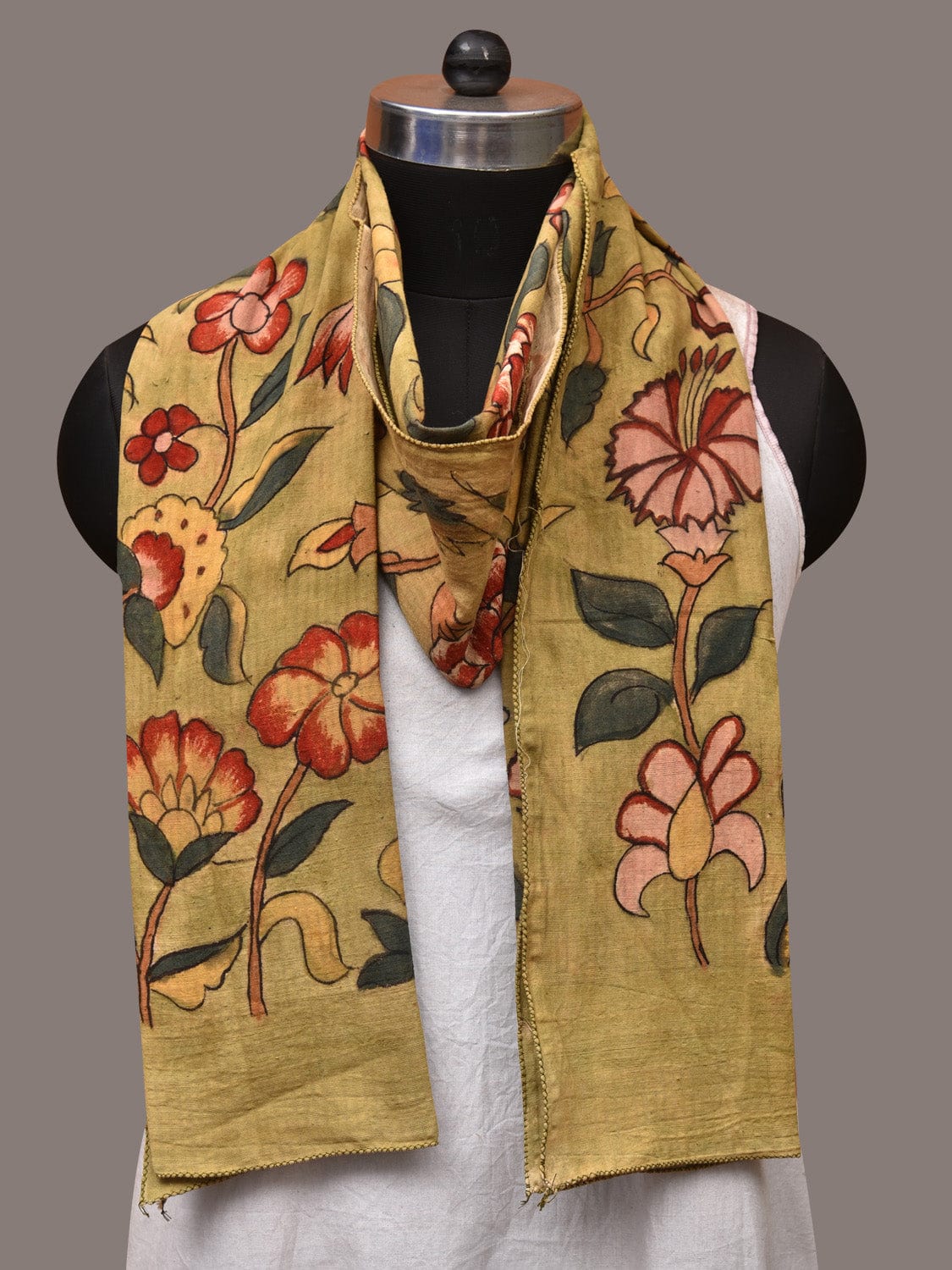 Light Green Kalamkari Hand Painted Cotton Stole with Floral Design - Global Threads | Grocsy